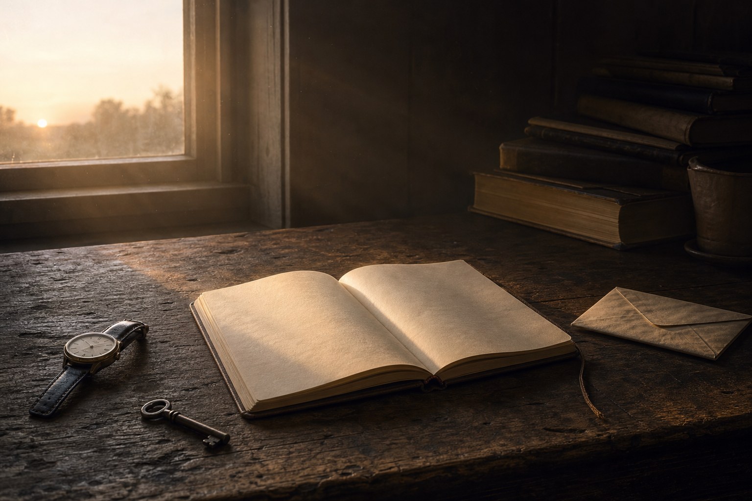 An open notebook, watch, key, and letter in early morning light