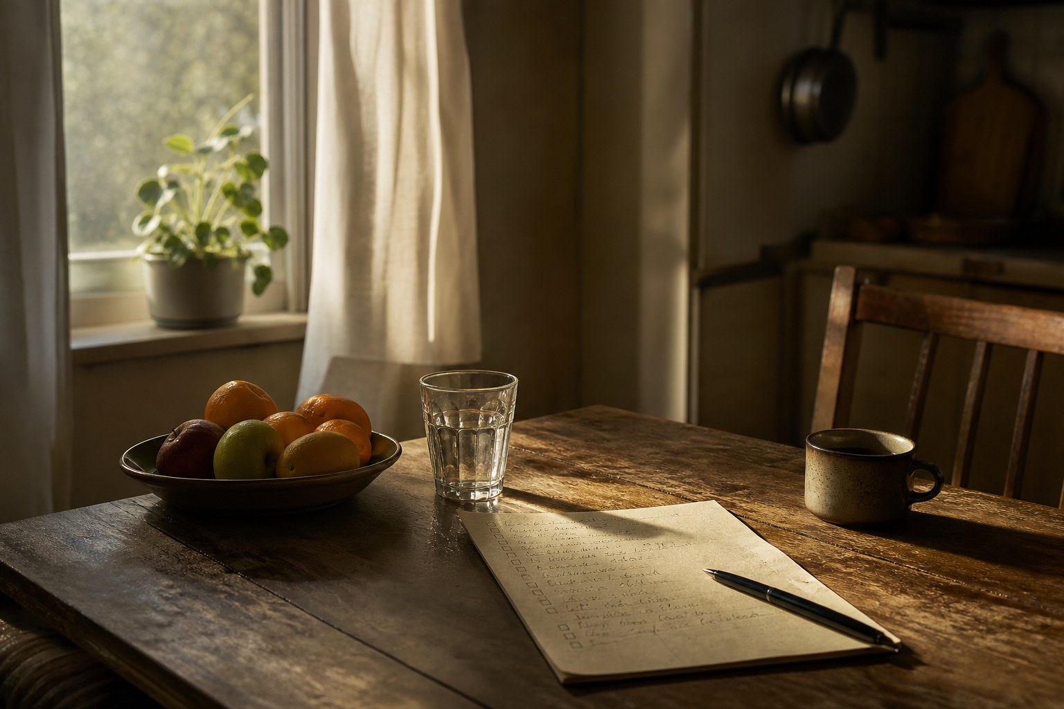 A kitchen table with fruit, water, and a simple handwritten checklist in morning light