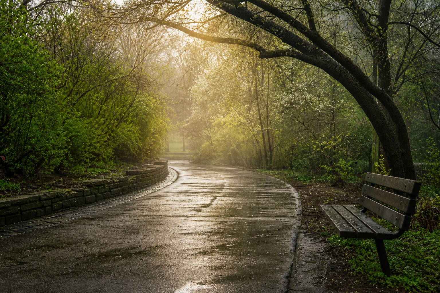 An empty park path after rain, with a bench beside new green growth