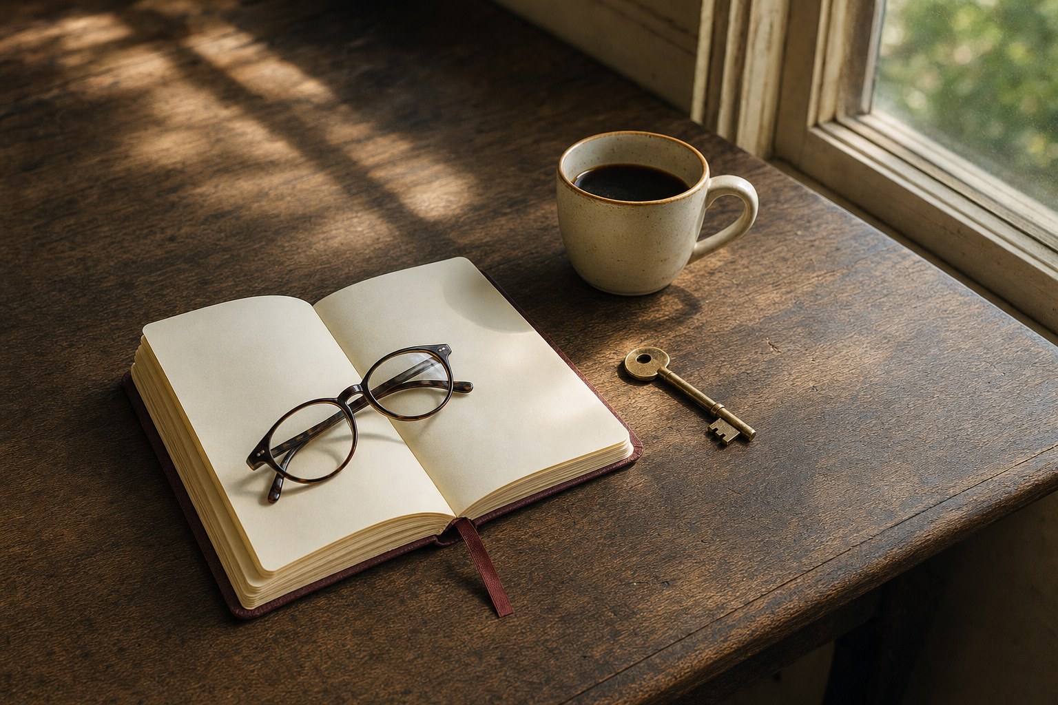 An open notebook, glasses, and a key on a walnut table in morning light