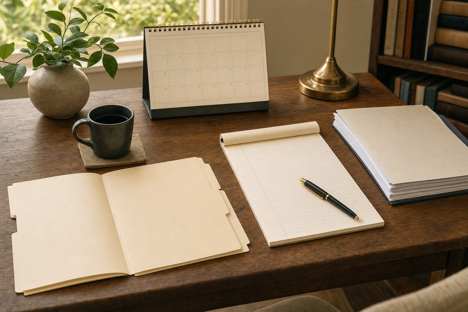A tidy desk with a blank notebook, calendar, pen, and organized papers