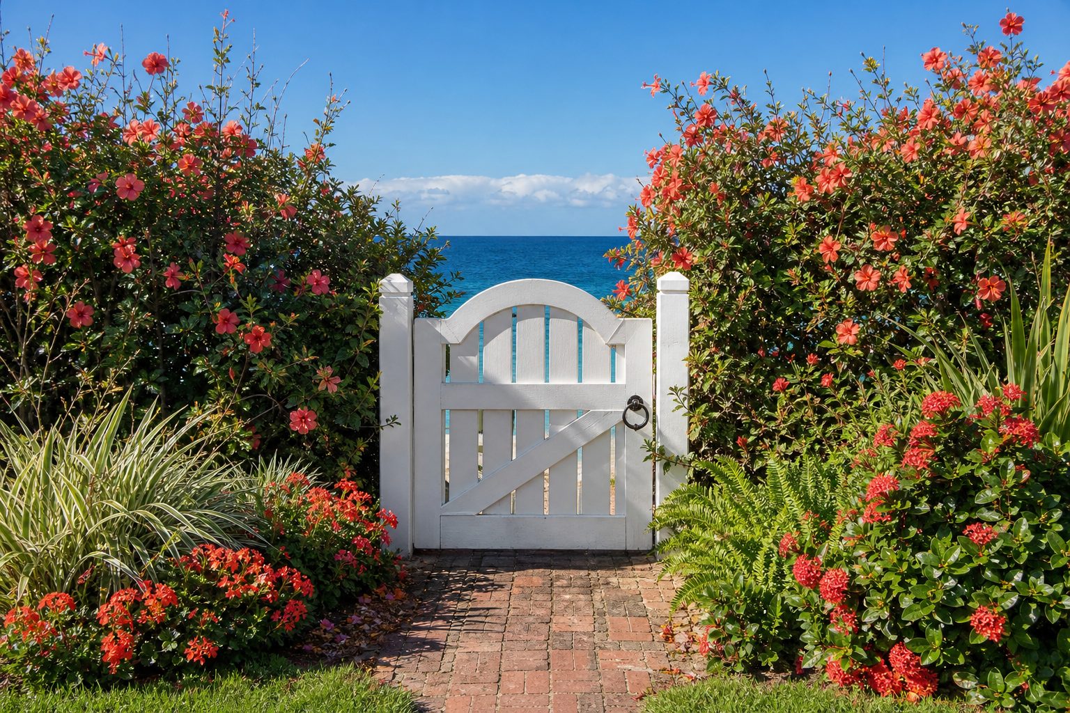A garden gate framed by coral flowers