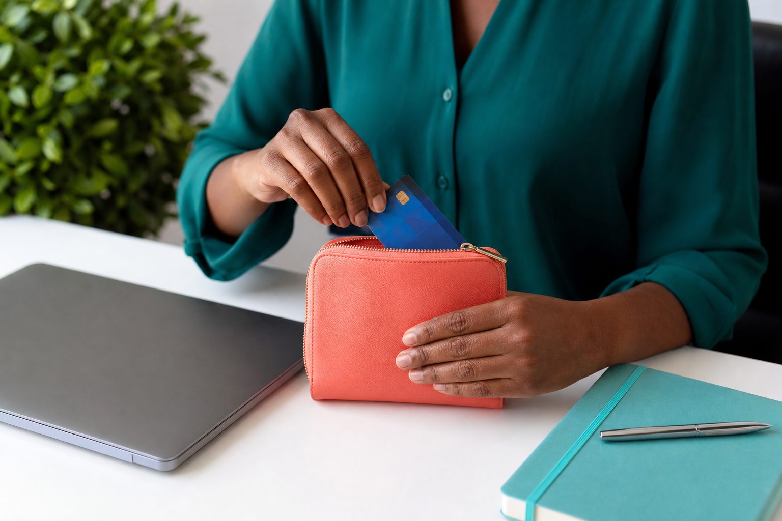A bank card being put away beside a closed laptop
