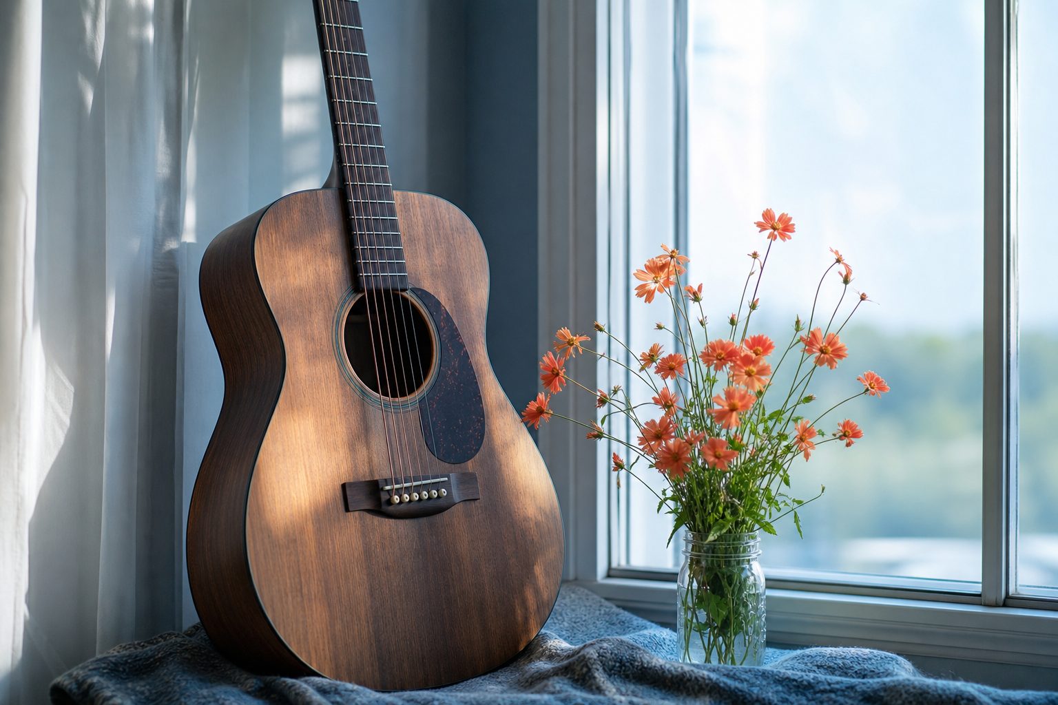 An acoustic guitar beside a softly lit window