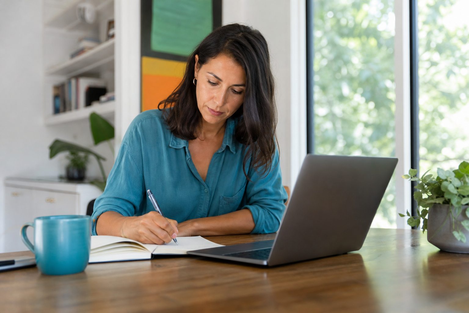 A person journaling beside a laptop