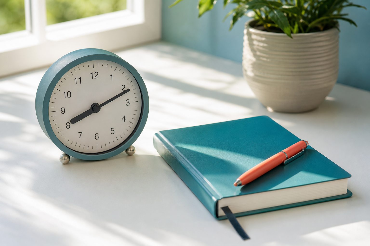 An analog clock beside a notebook and pen