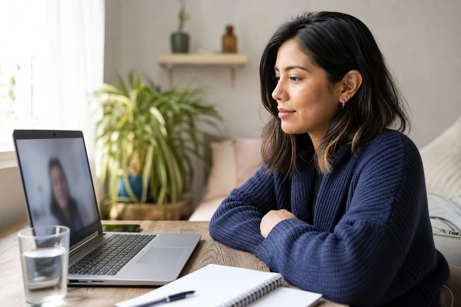 Woman preparing for a private video appointment at home