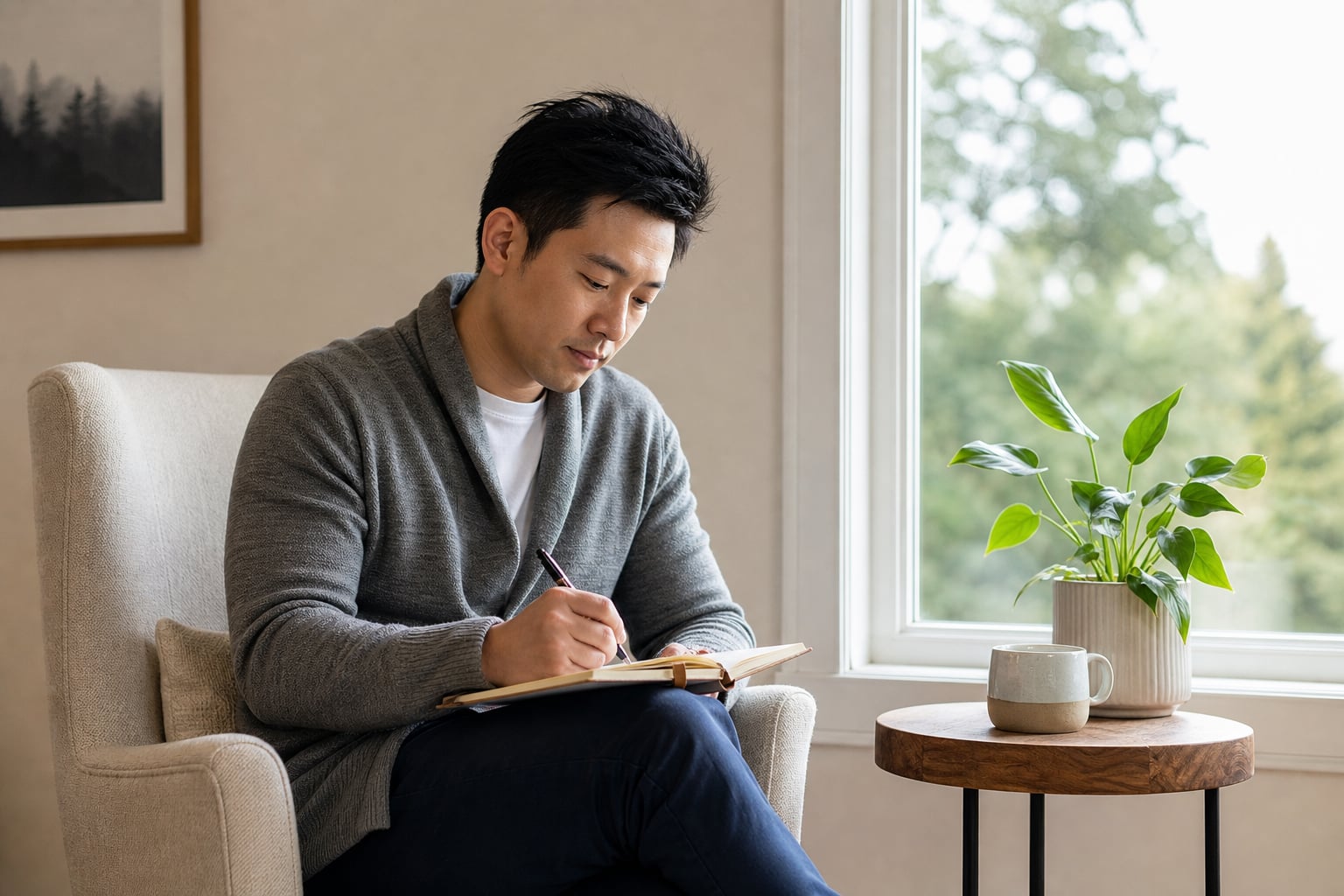 Man writing in a notebook beside a sunny window