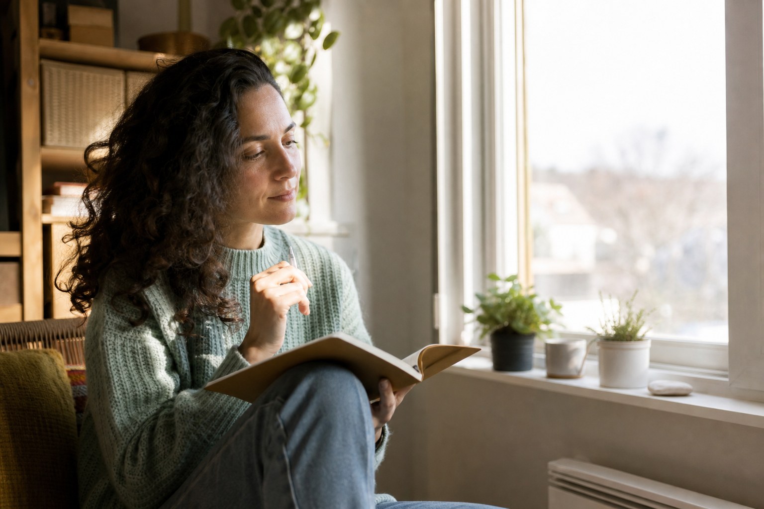 Person writing in a notebook beside a sunny window