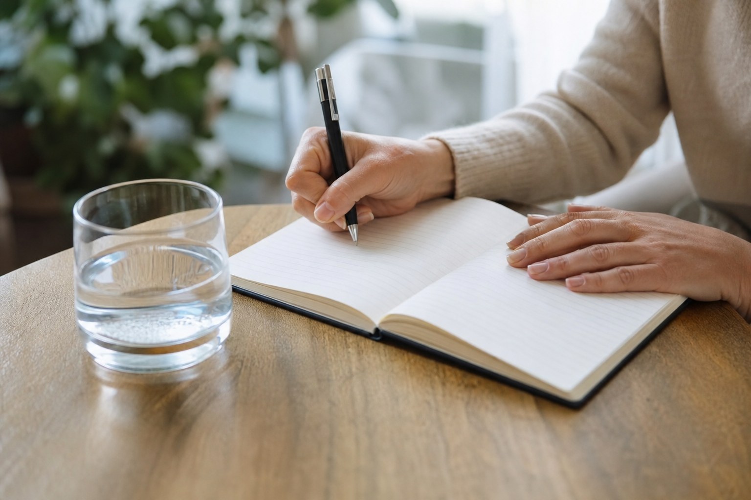 Person making notes in a notebook with a glass of water nearby