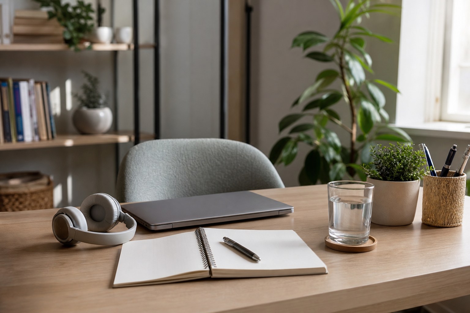 Private home desk prepared for a video appointment