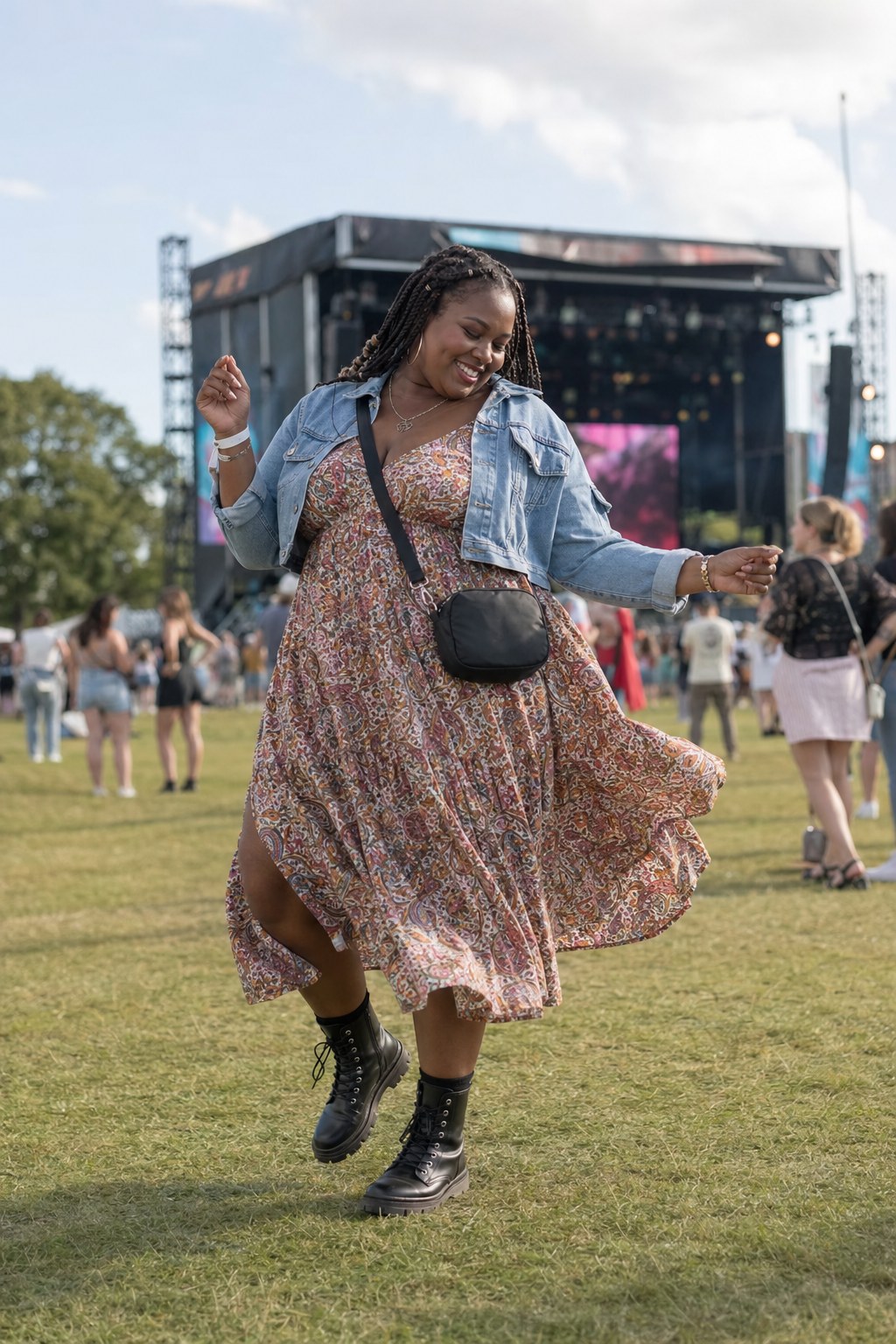Plus-size woman in a patterned dress and denim jacket at an outdoor music festival