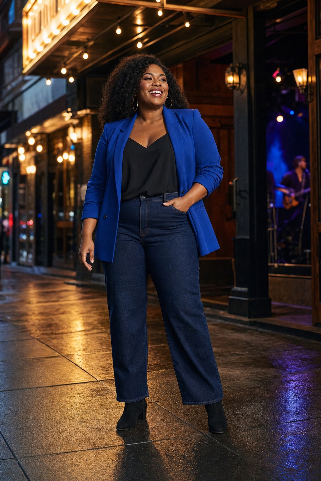 Plus-size woman in a cobalt blazer and denim outside a music venue