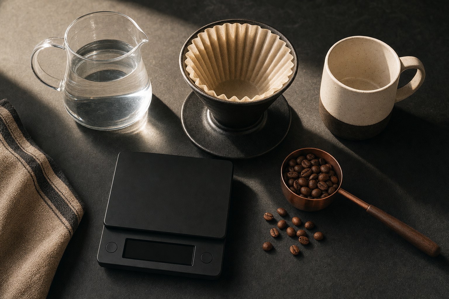 Coffee scale, pour-over dripper, water carafe, and coffee beans arranged for home brewing