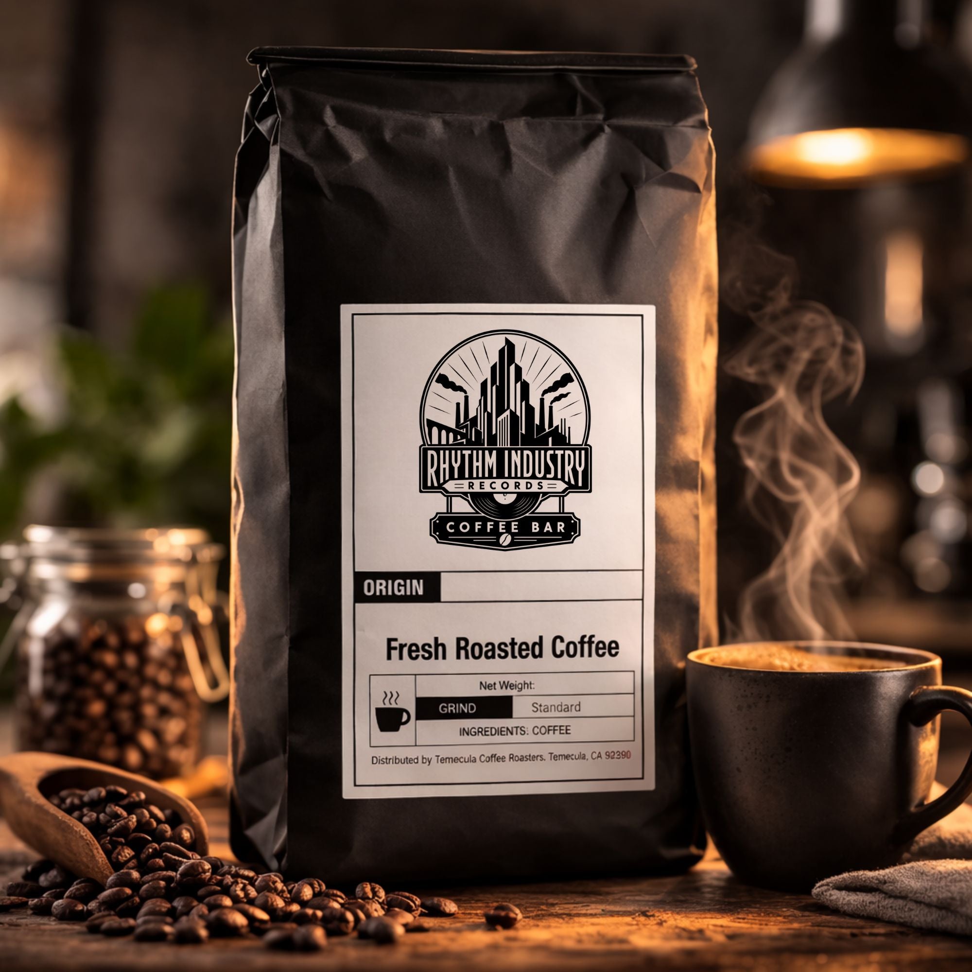 Rhythm Industry Records Coffee Bar coffee bag and steaming cup