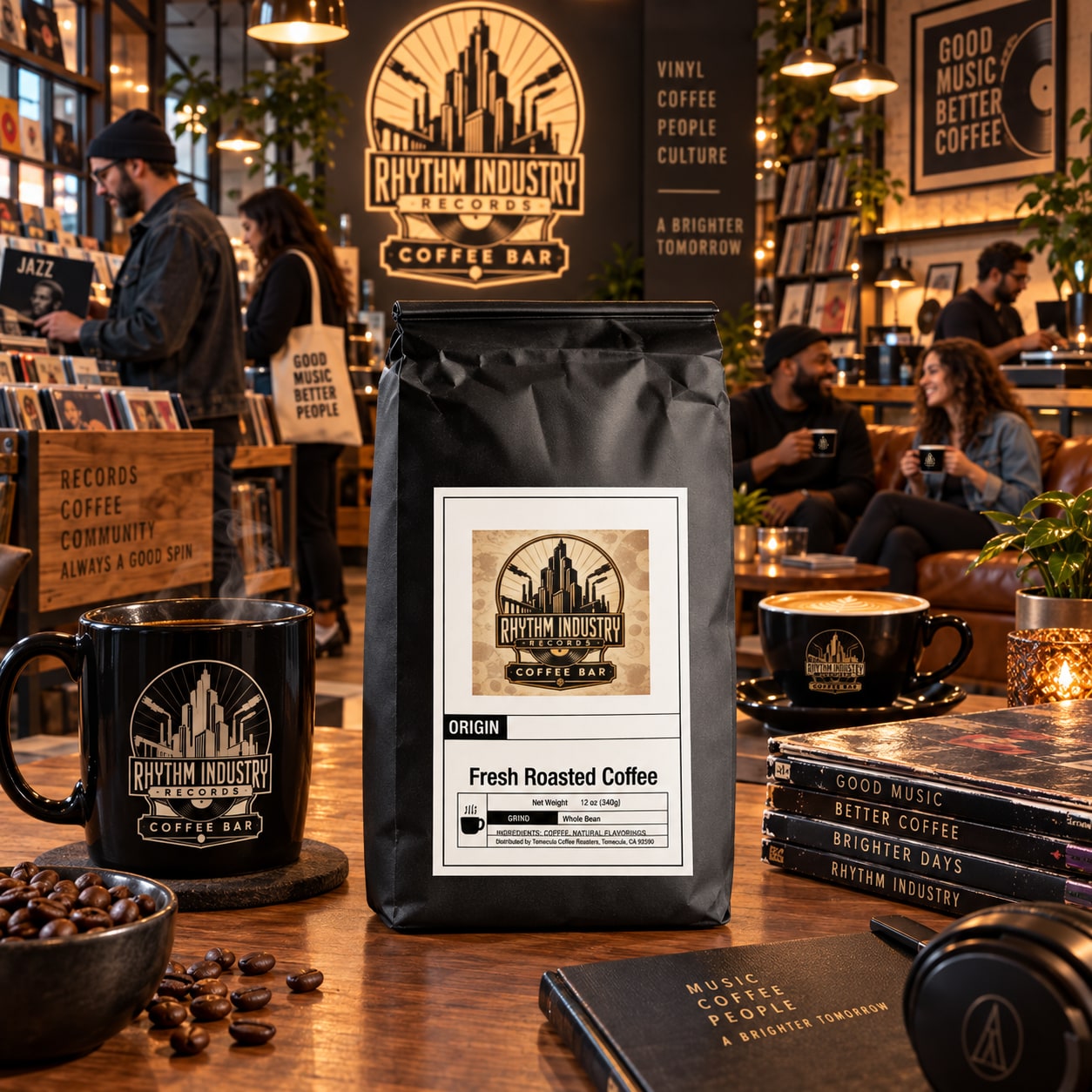 Rhythm Industry coffee bag, mug and records inside the coffee bar