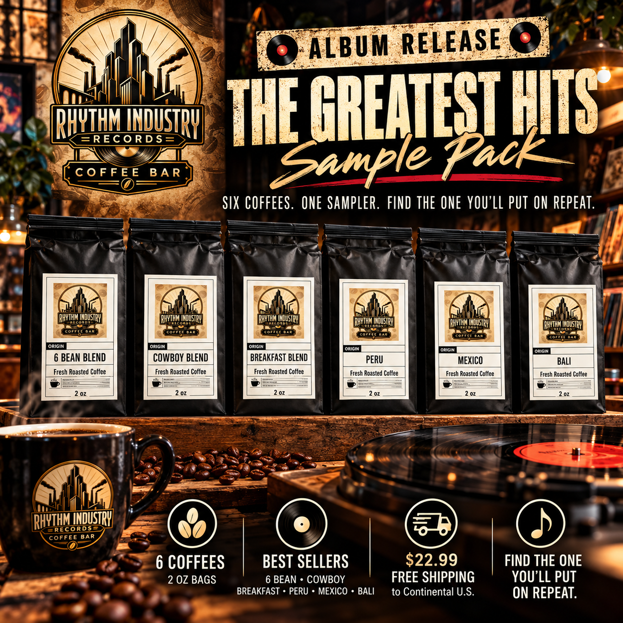 Rhythm Industry Records Coffee Bar Greatest Hits Sample Pack with six coffee bags