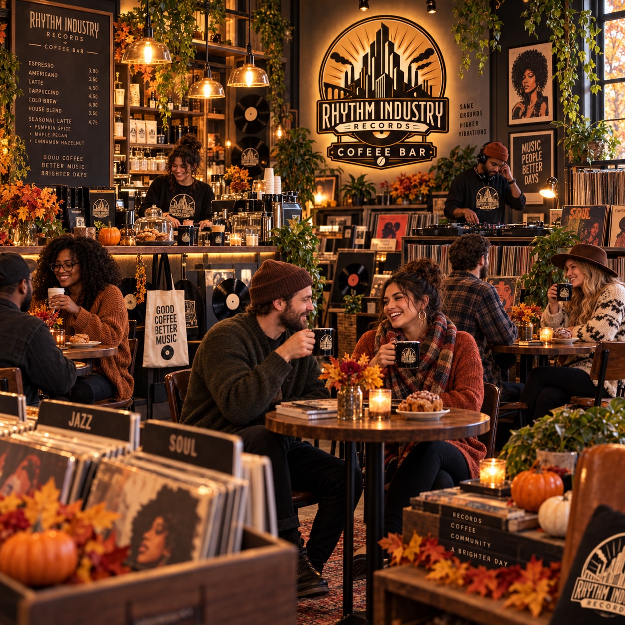 Autumn gathering at Rhythm Industry Records Coffee Bar with coffee, vinyl and fall decorations