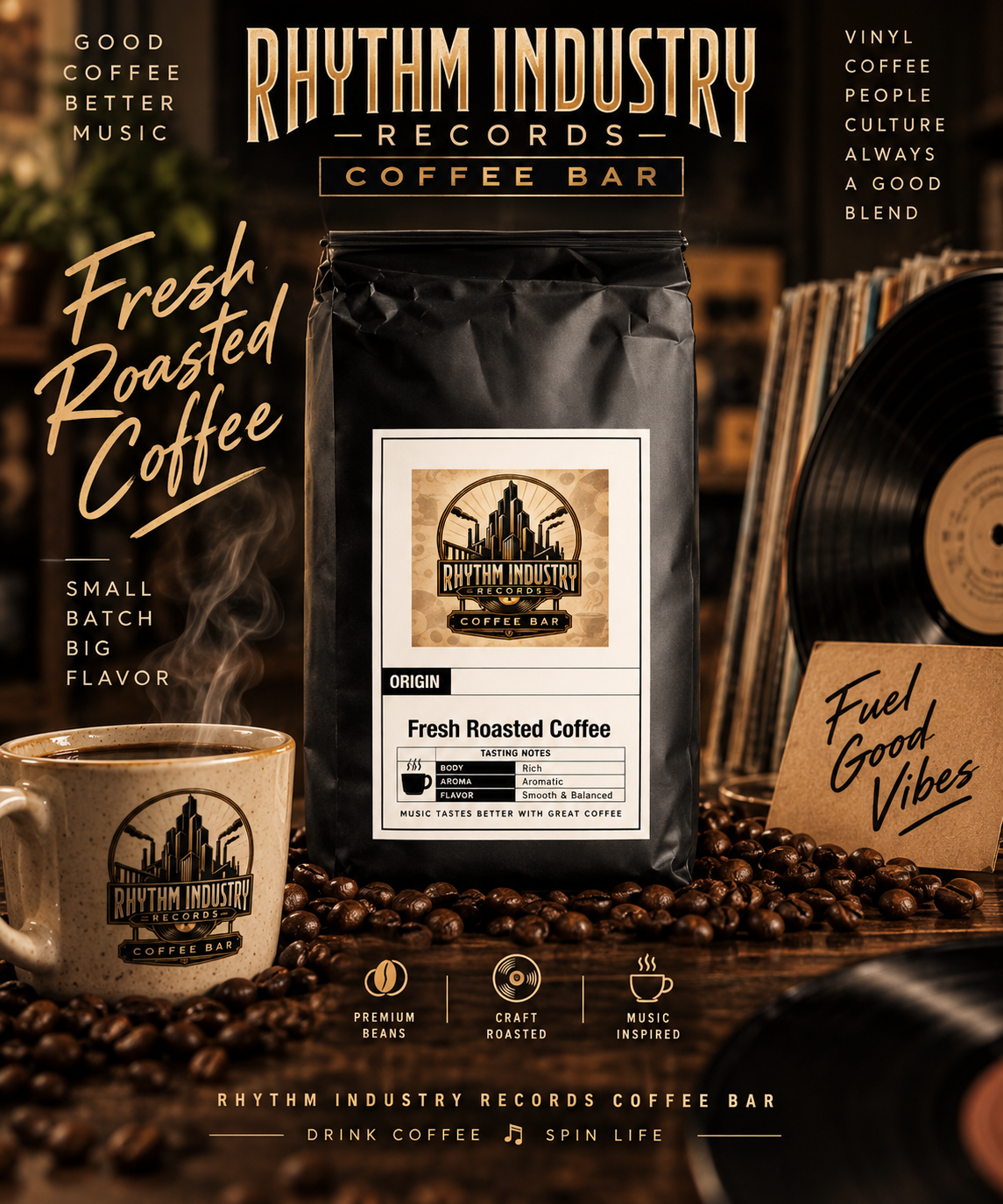 Rhythm Industry Records Coffee Bar updated coffee label
