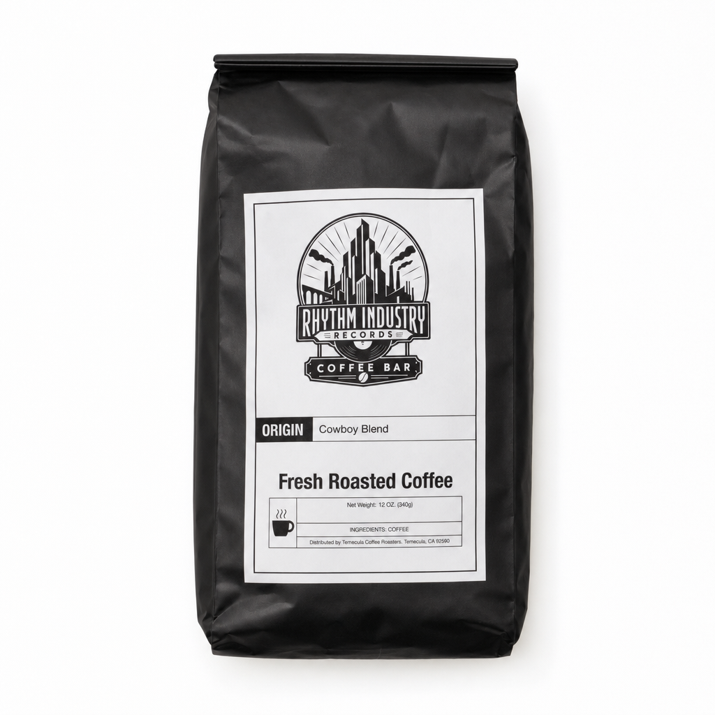Bag of Cowboy Blend coffee from Rhythm Industry Records Coffee Bar