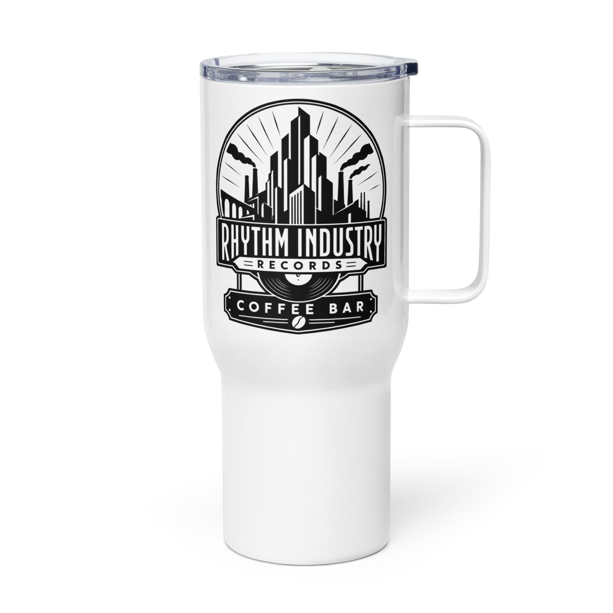 Travel mug with a handle from Rhythm Industry Records Coffee Bar