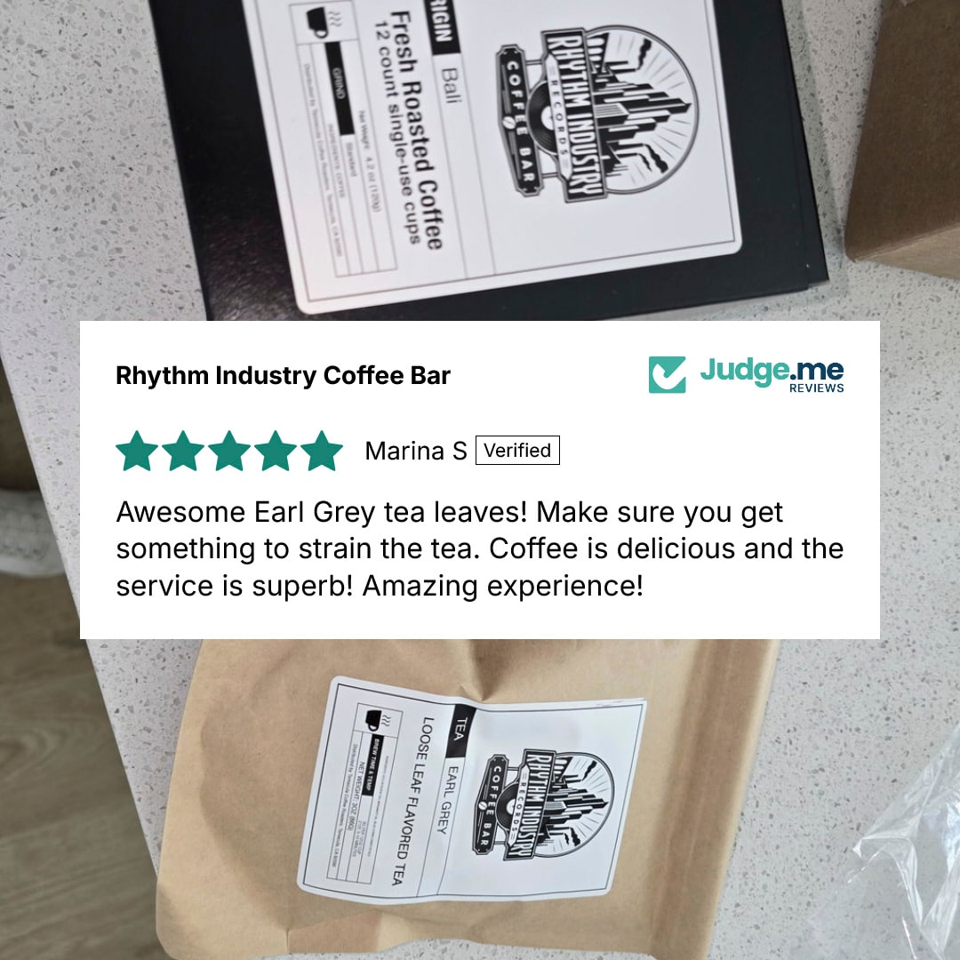 Marina's five-star Judge.me review beside Rhythm Industry Earl Grey tea and coffee