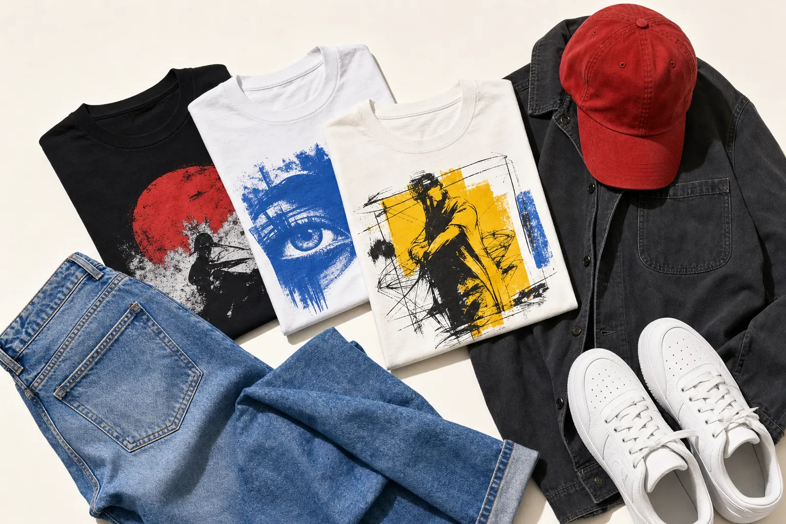 Graphic T-shirts styled with jeans, a black overshirt, sneakers, and a red cap