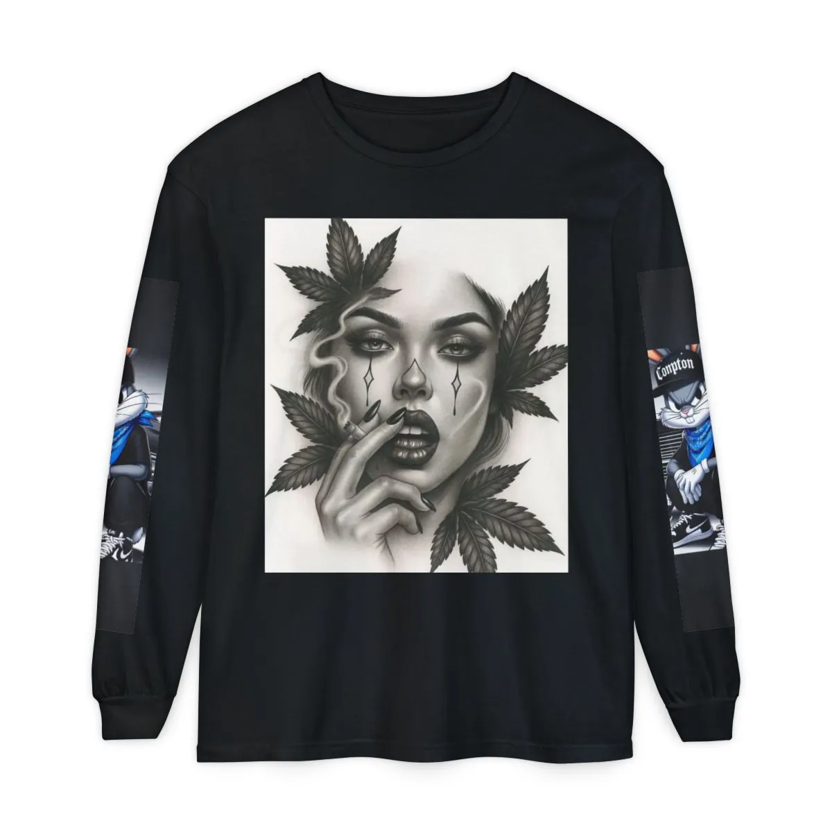 Long Sleeve T-Shirt — Urban Street Art Graphic with Bugsy Bunny & Leaf Portrait