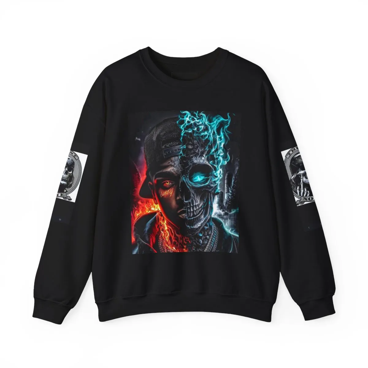 Skull Flame Crewneck Sweatshirt - Neon Blue & Red Skull Graphic Pullover