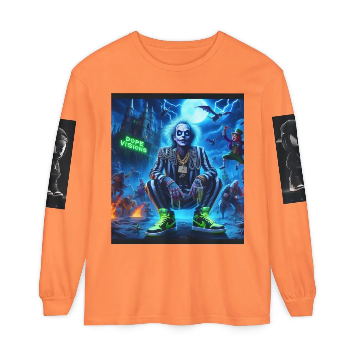 Long Sleeve T‑Shirt — Neon Gothic Skeleton & Motivational Quote Design