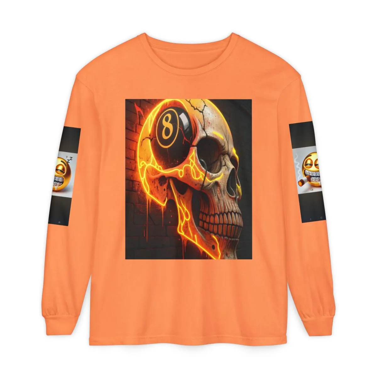 Skull & 8-Ball Graphic Long Sleeve Tee — Fiery Billiards Skull Design