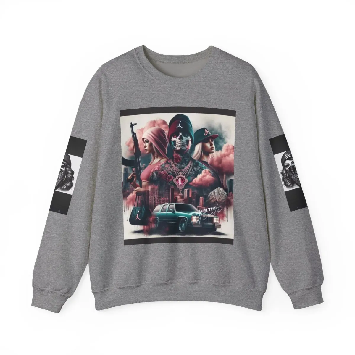 Graphic Crewneck Sweatshirt — Dark Gothic Angel & Urban Crime Scene Design