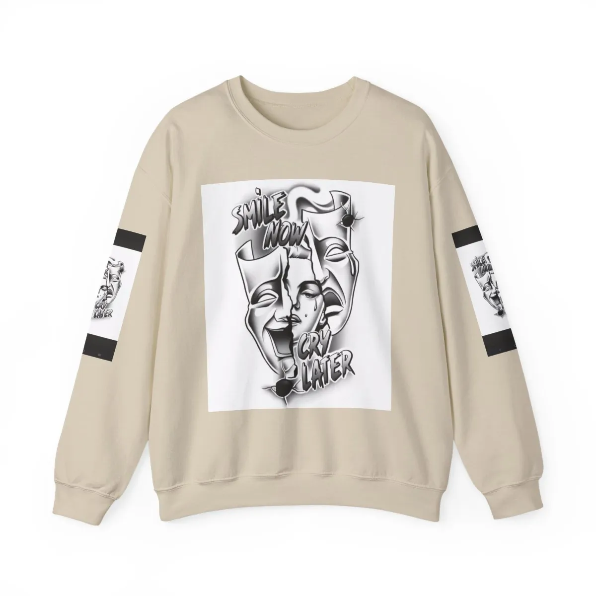 Crewneck Sweatshirt — 'Smile Now Cry Later' Drama Masks Graphic