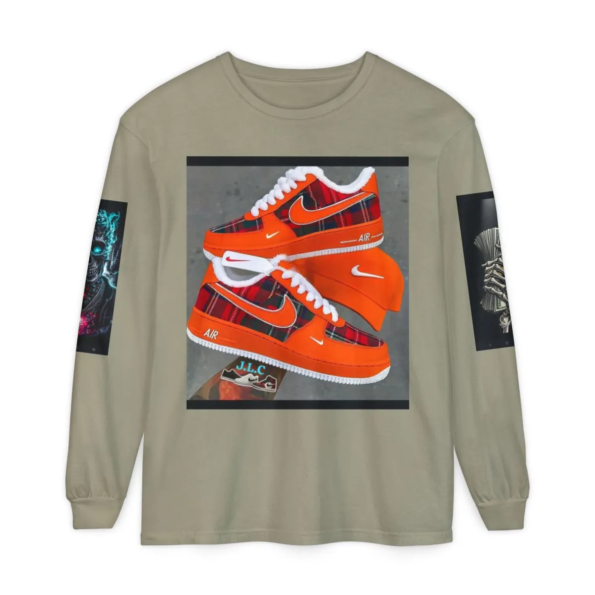 Streetwear Graphic Long Sleeve Tee — Orange Sneaker & SWG Hoodie Art