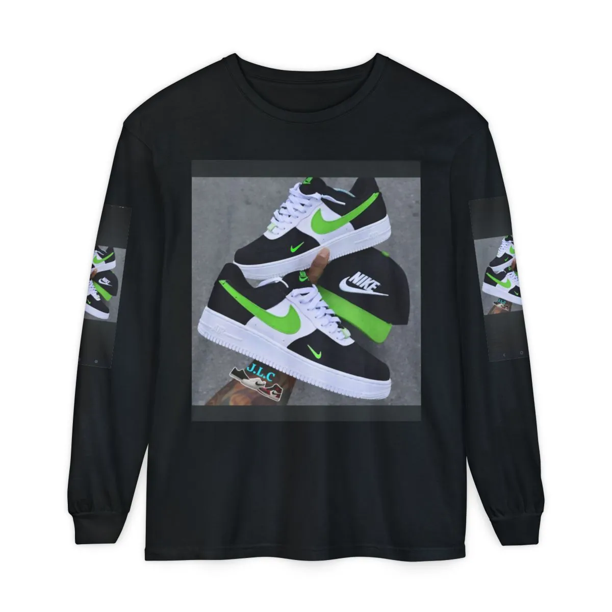Sneaker Photo Graphic Long Sleeve Tee — Neon Green Nike Collage