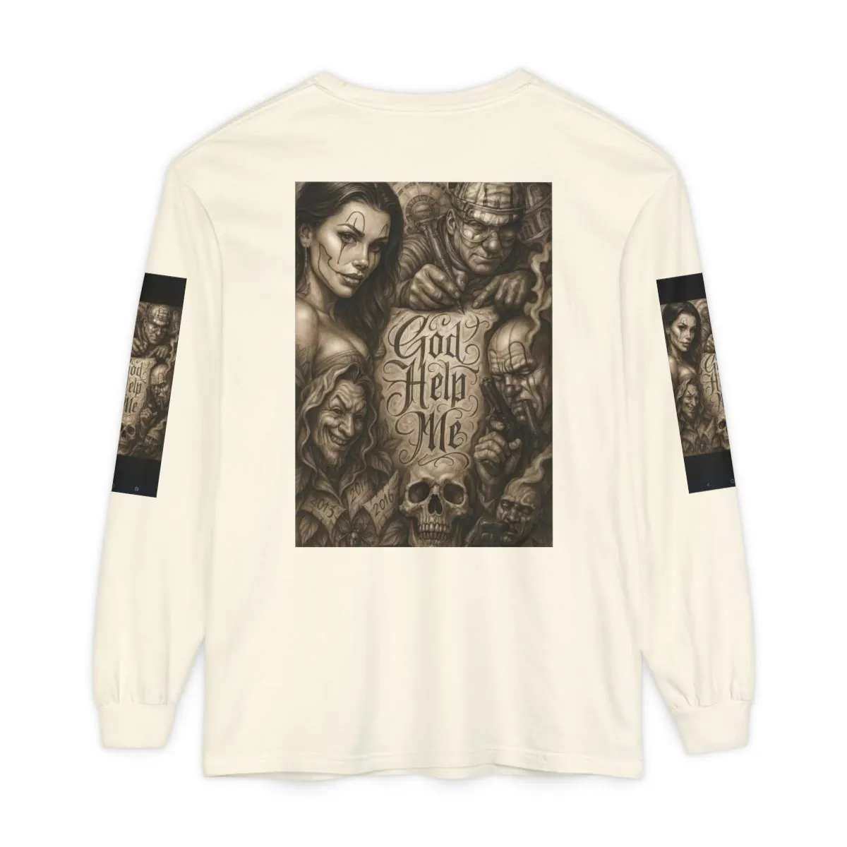 Graphic Long Sleeve Tee — 'God Help Me' Gothic Skull Artwork