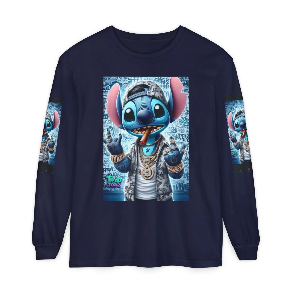 Streetwear Character Long Sleeve T-Shirt — Blue Cartoon Alien Graphic
