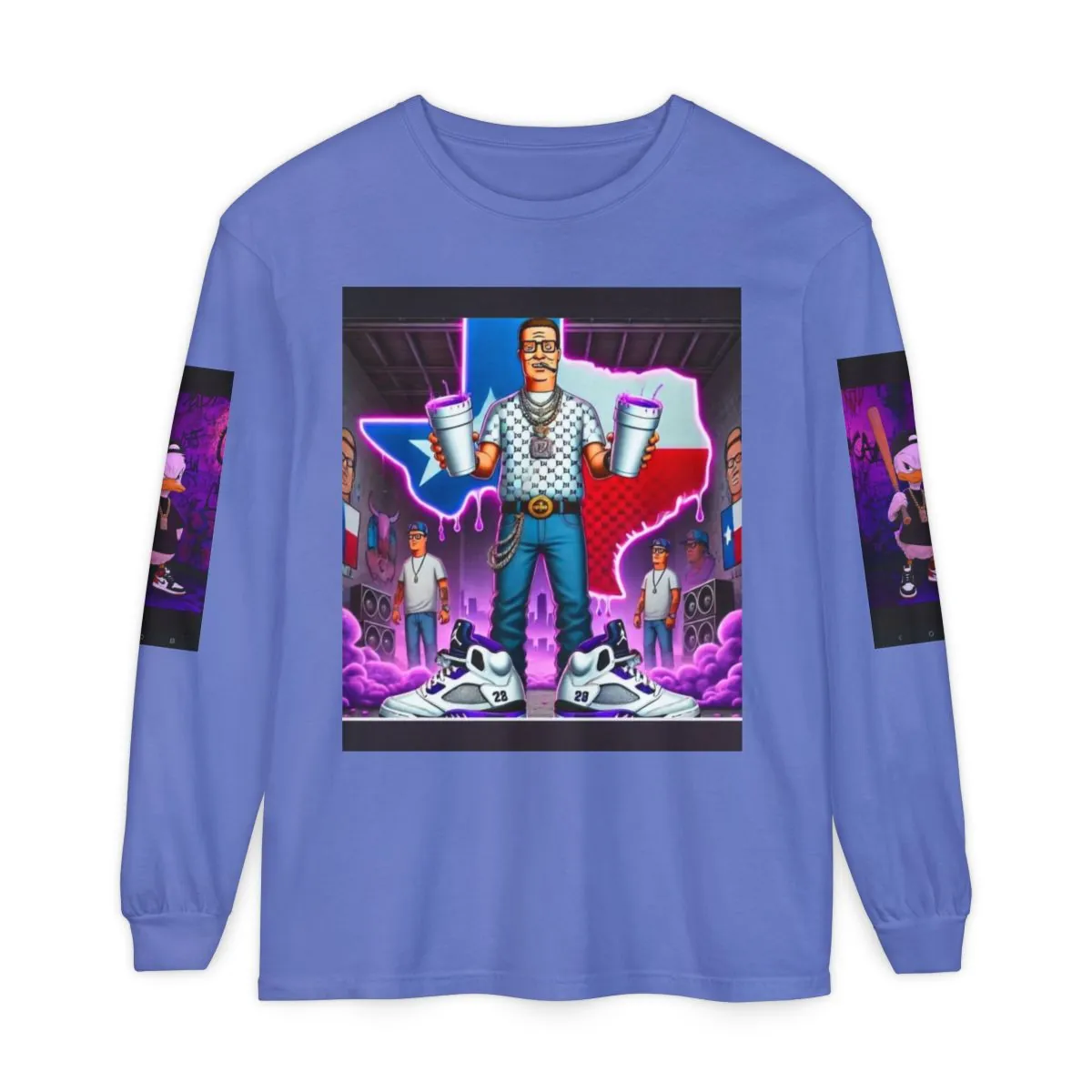Texas Streetwear Long Sleeve — Retro Neon Hank Hill Graphic Tee