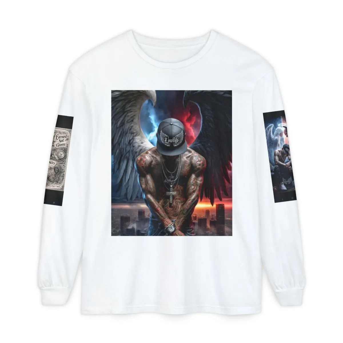 Angel vs Demon Graphic Long Sleeve Tee — Urban Streetwear with Helmeted Warrior Artwork