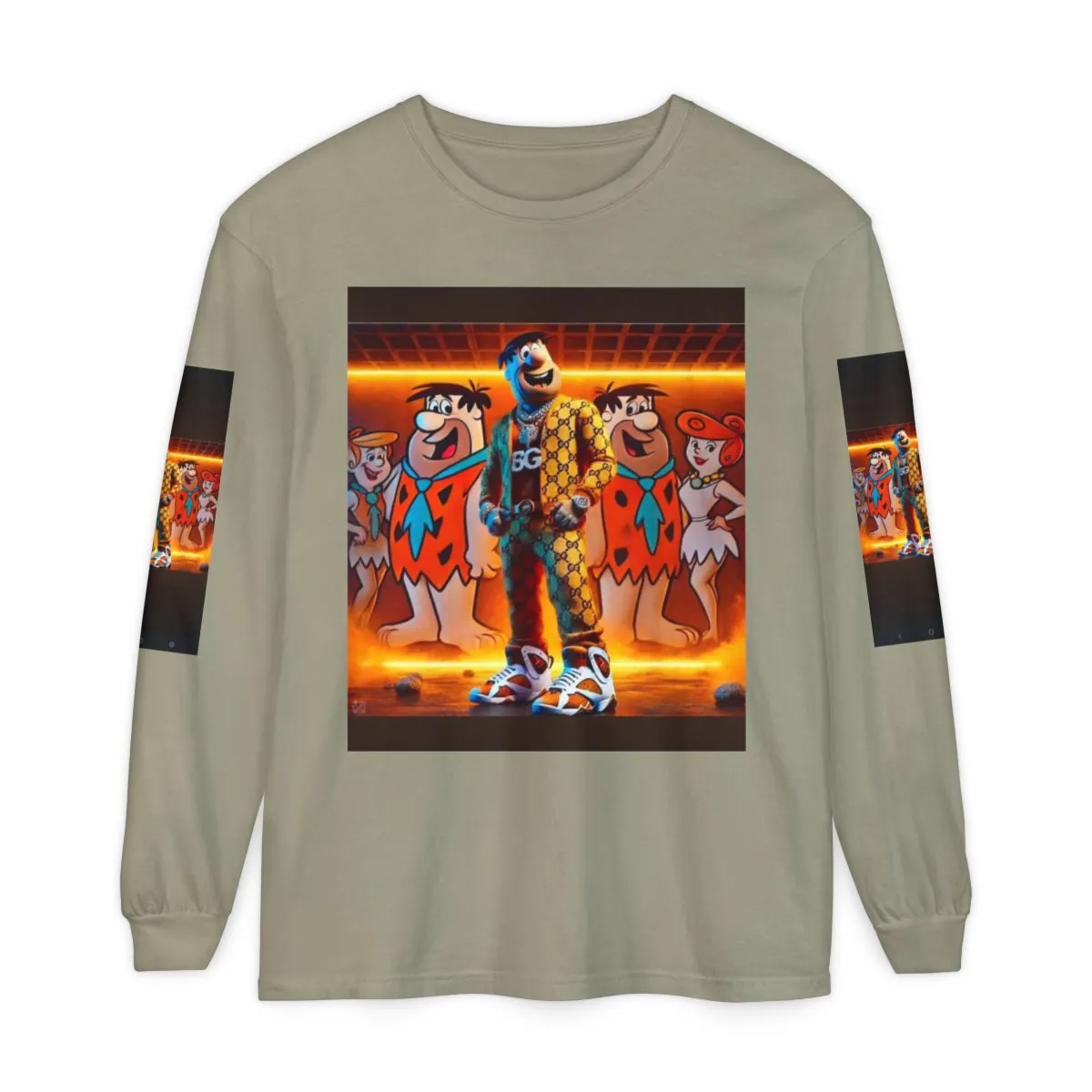 Graphic Long Sleeve Tee — Colorful Clown with Fred Flintstone Crew