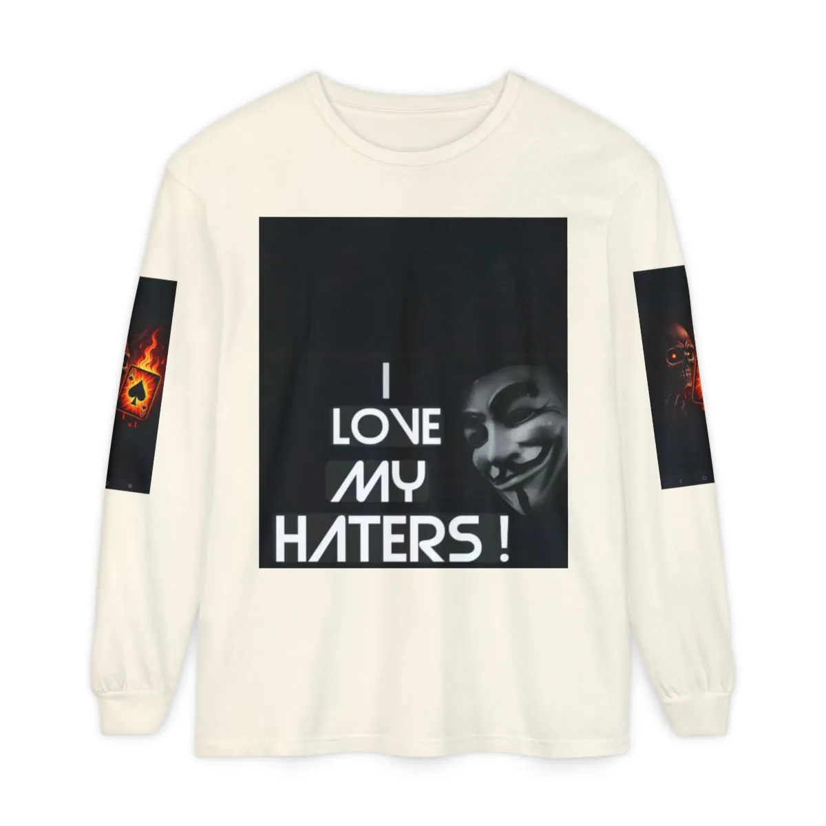 I Love My Haters Long Sleeve Shirt — Flaming Skeleton Prayer Graphic