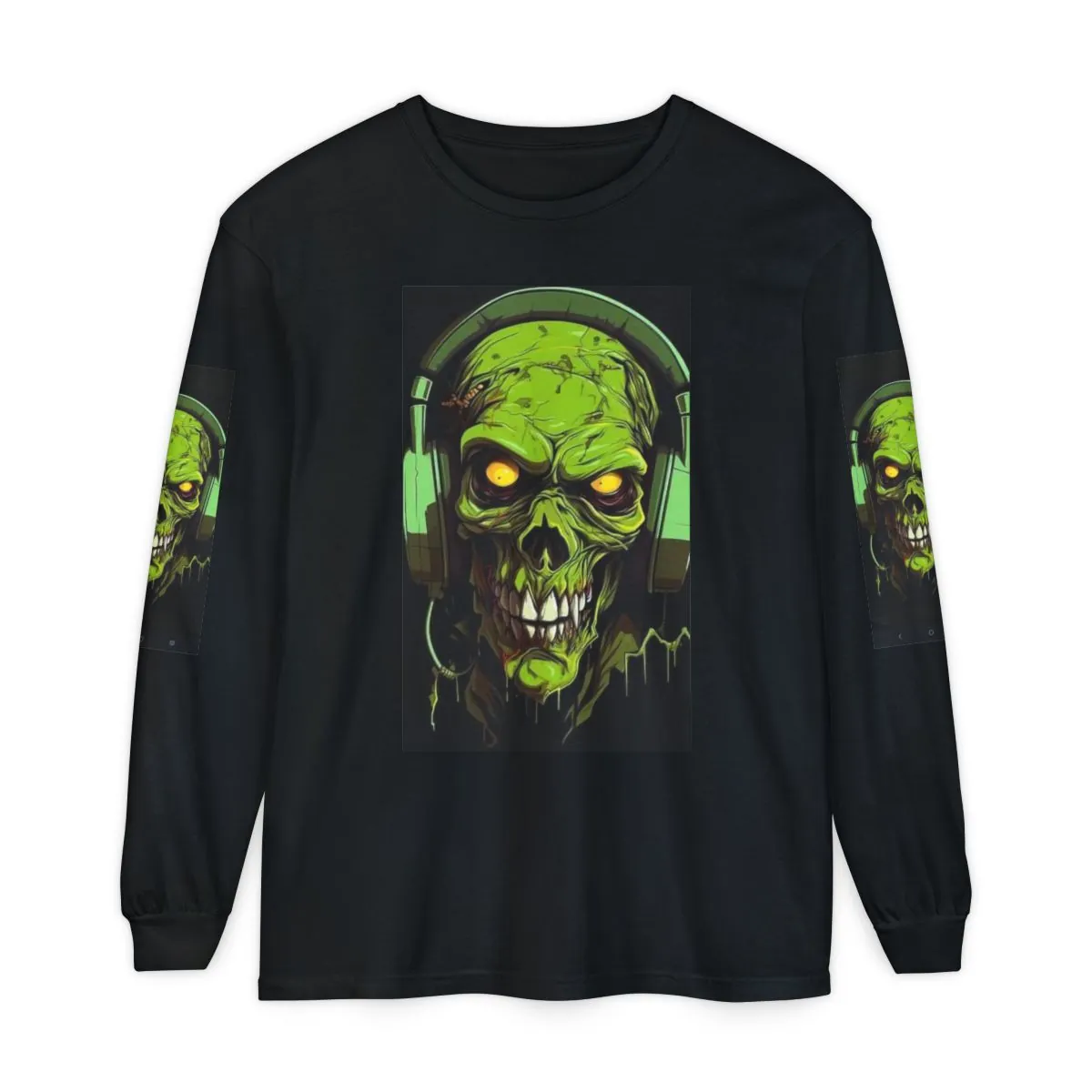 Zombie Headphone Long Sleeve Tee — Neon Skull Horror Graphic Shirt