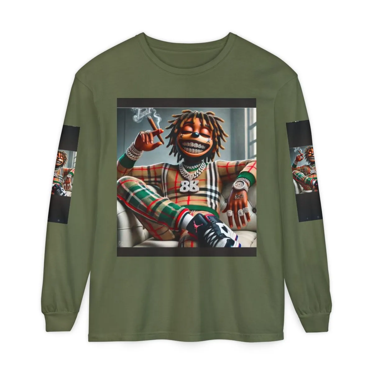 Long Sleeve T-Shirt — Cartoon Dreadlock Character Smoking Design