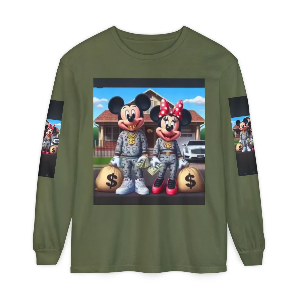 Graphic Long Sleeve Tee — Cartoon Couple with Money Bags Streetwear