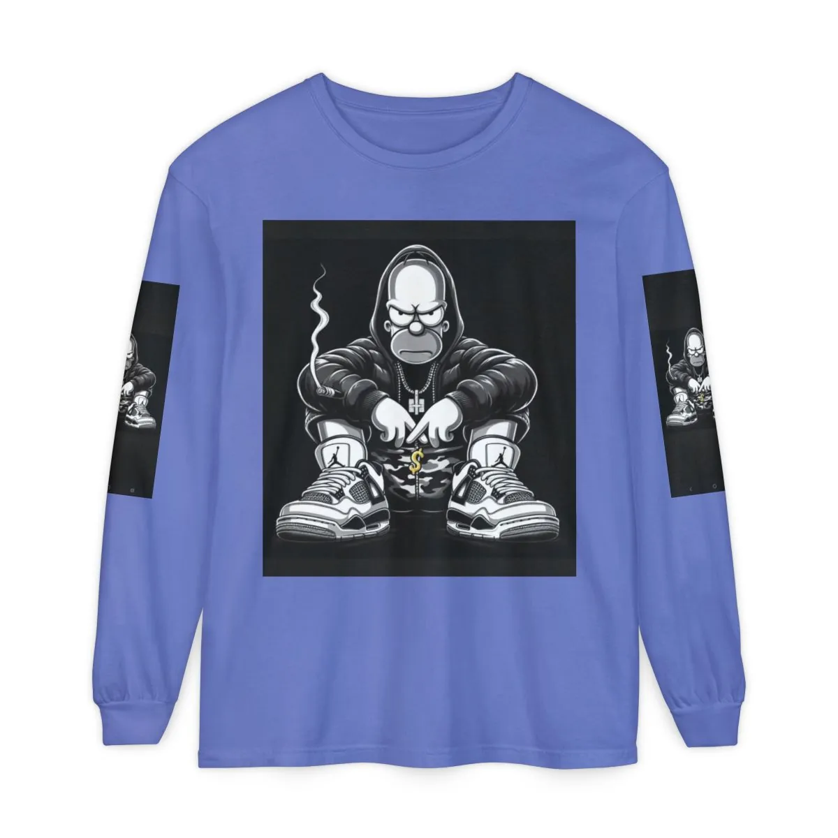 Homer Hoodie Graphic Long Sleeve Shirt — Urban Streetwear Tee with Smoking Homer Design