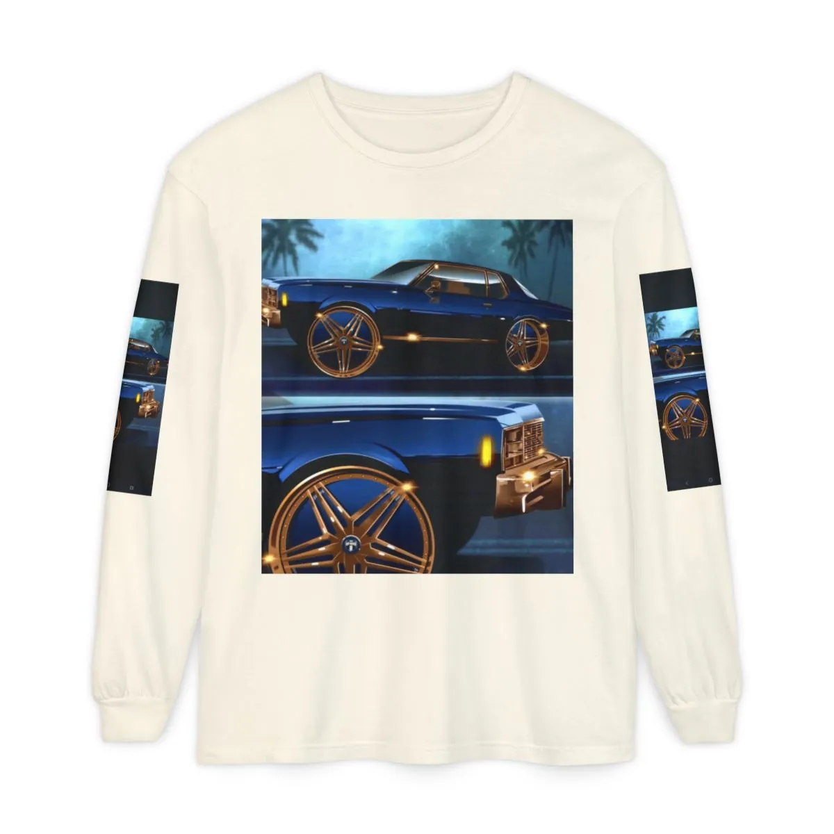 Retro Lowrider Car Long Sleeve Tee — Blue Classic Muscle Car Graphic