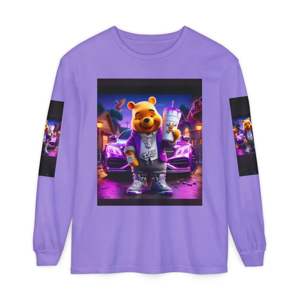 Graphic Long Sleeve Tee — Urban Cartoon Bear Holding Drink