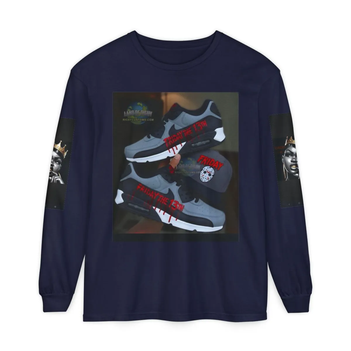 Graphic Long Sleeve Tee — Sneaker Collage Streetwear with 'Forever Fly' Text