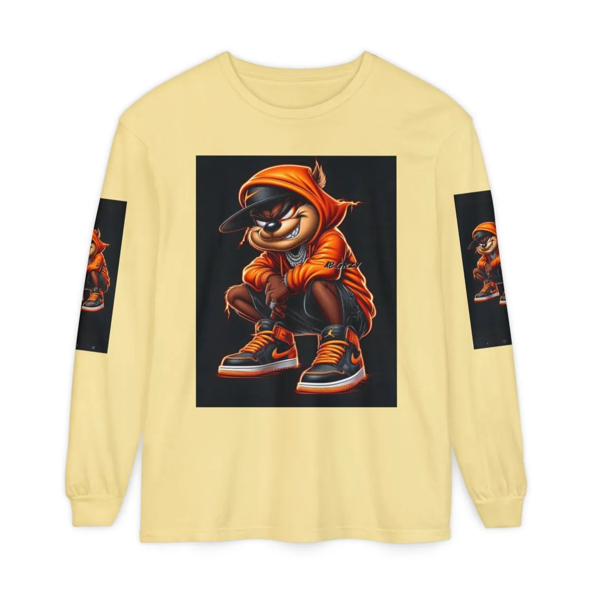 Streetwear Cat Graphic Long Sleeve Tee — Orange Hoodie Sneaker Design