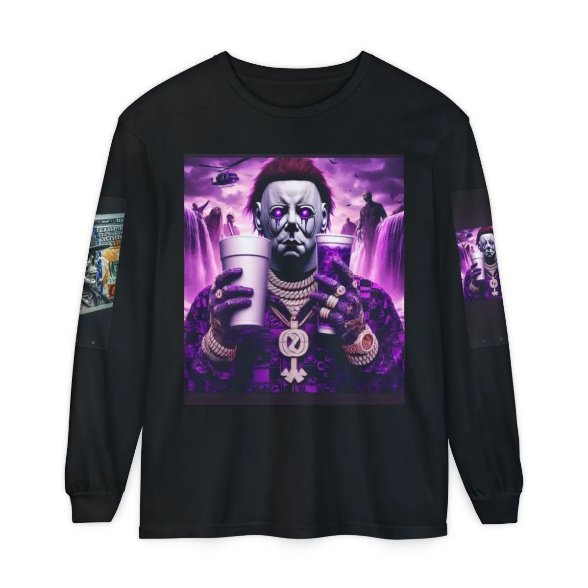 Graphic Long Sleeve T-Shirt — Purple Clown & Skull Street Art Design